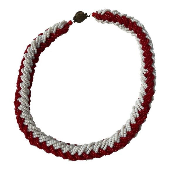 VTG Italian Red & White Glass Seed Bead Necklace – 1960s–1980s – Spiral Rope “Ca - Picture 3 of 4